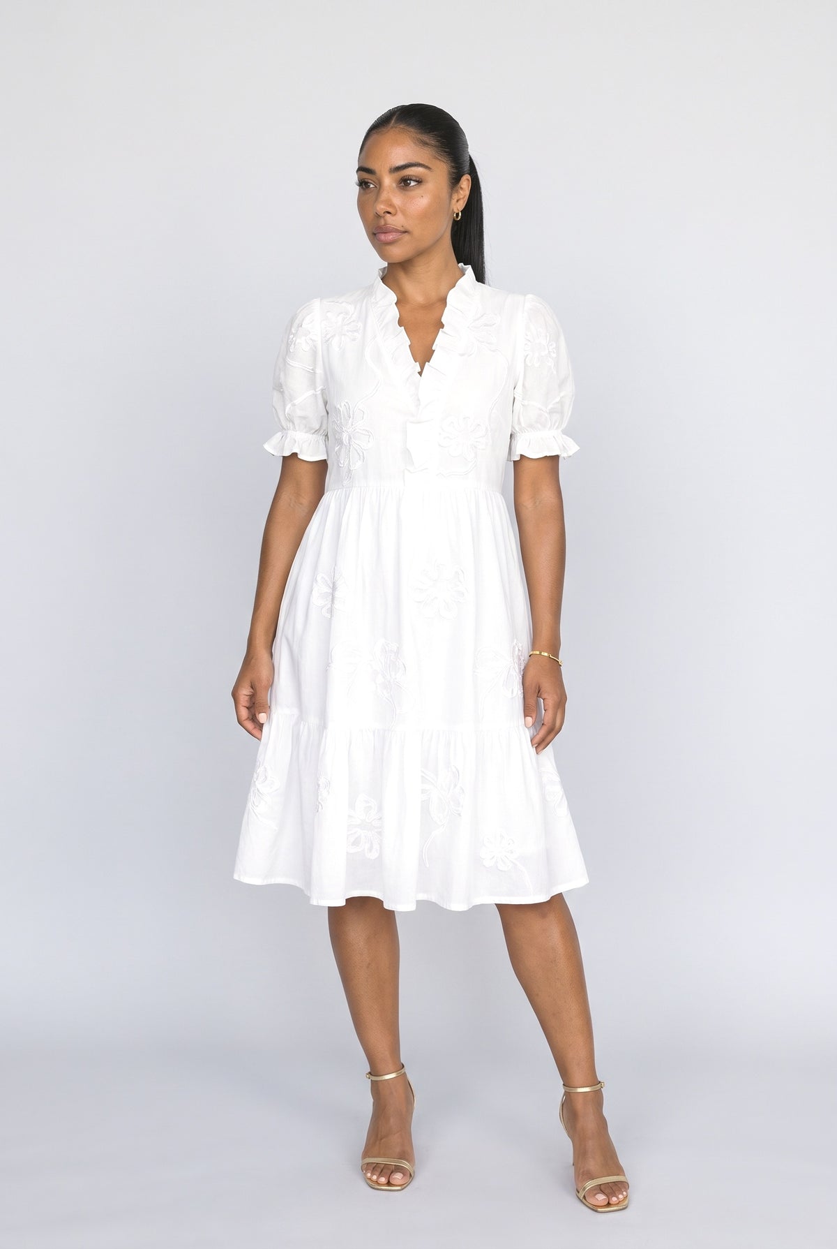 V-Neck Floral Puff Sleeve Midi Dress