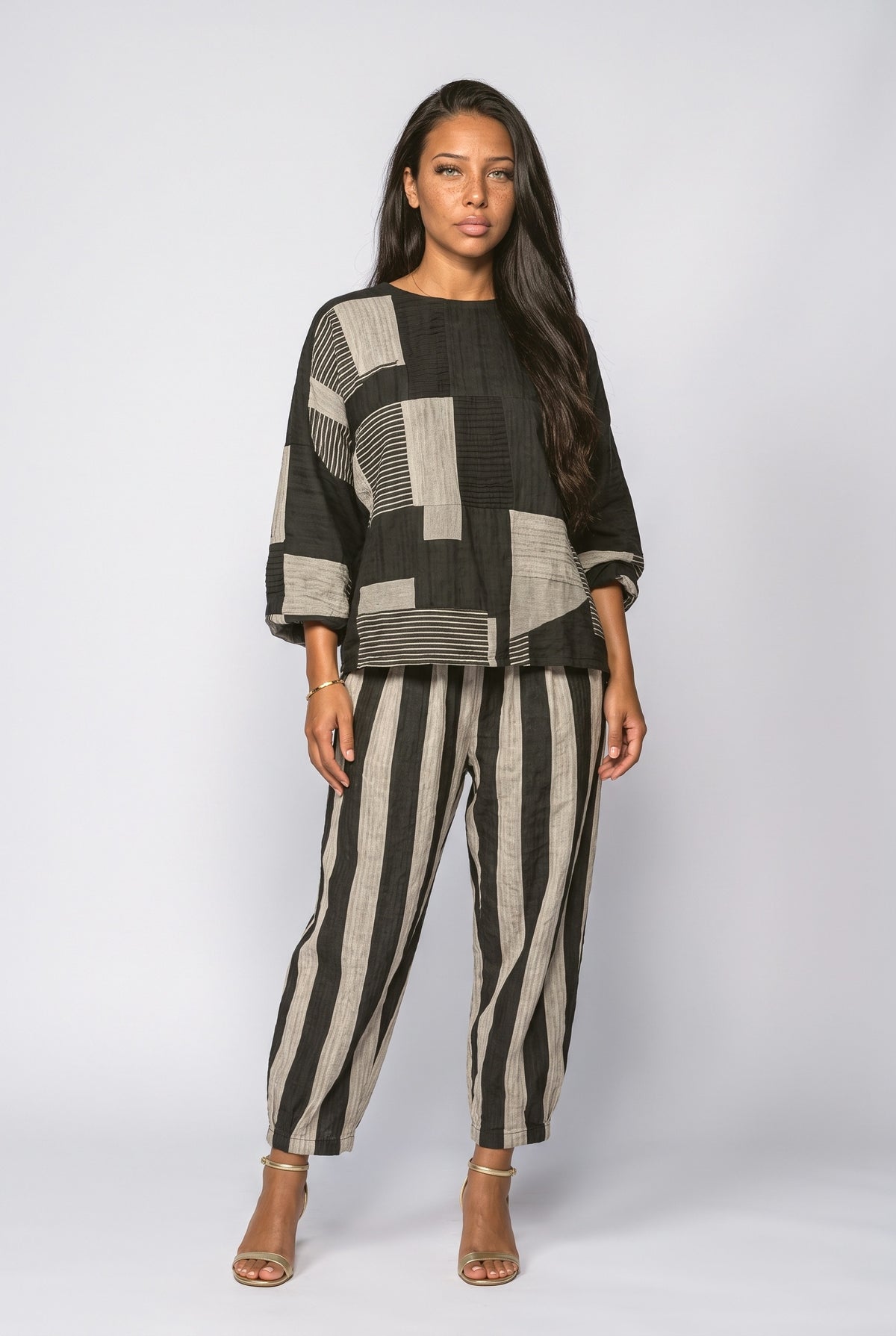 Black Colorblock Relaxed Two Piece Outfit, Black Multi Stripe