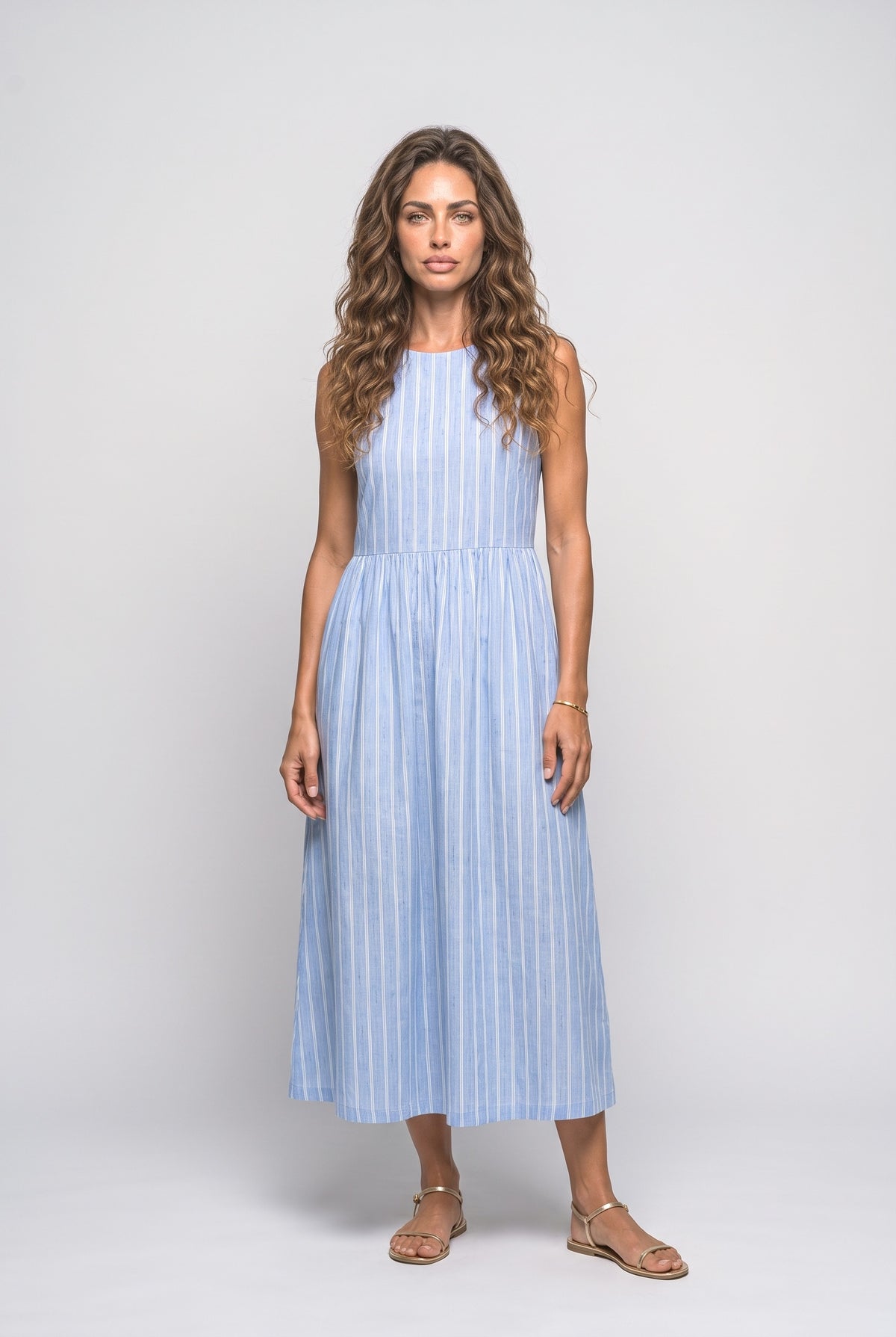 Blue Striped Sleeveless Midi Dress, Coastal Blue