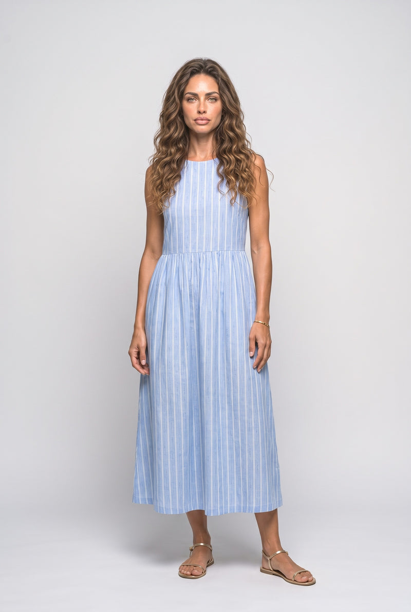 Blue Striped Sleeveless Midi Dress