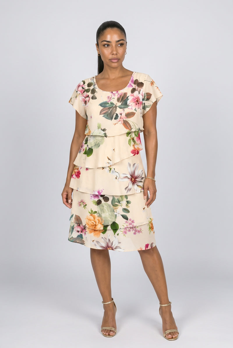 Beige Floral Tiered Midi Dress