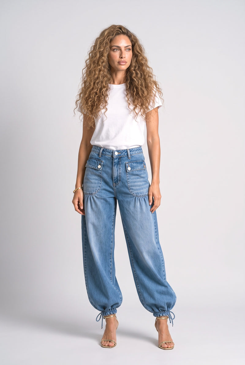 Blue Drawstring-Cuff Balloon Jeans