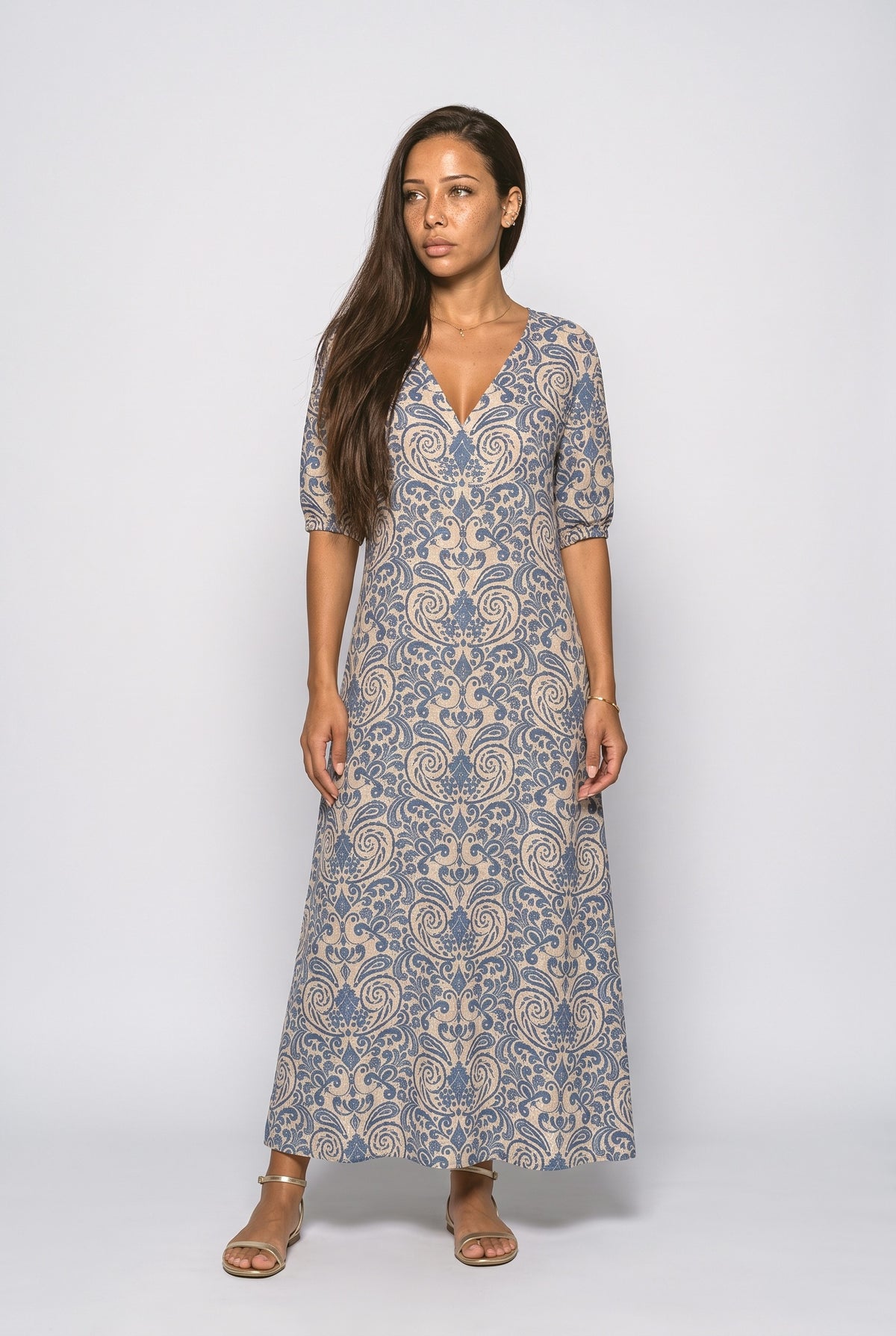 V-Neck Paisley A-Line Maxi Dress