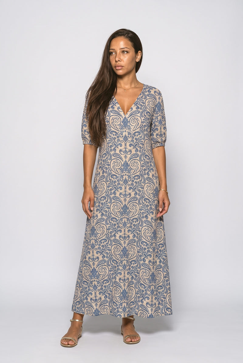 V-Neck Paisley A-Line Maxi Dress
