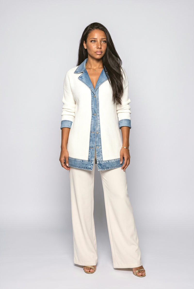 White Ribbed Knit Cardigan with Denim Trim