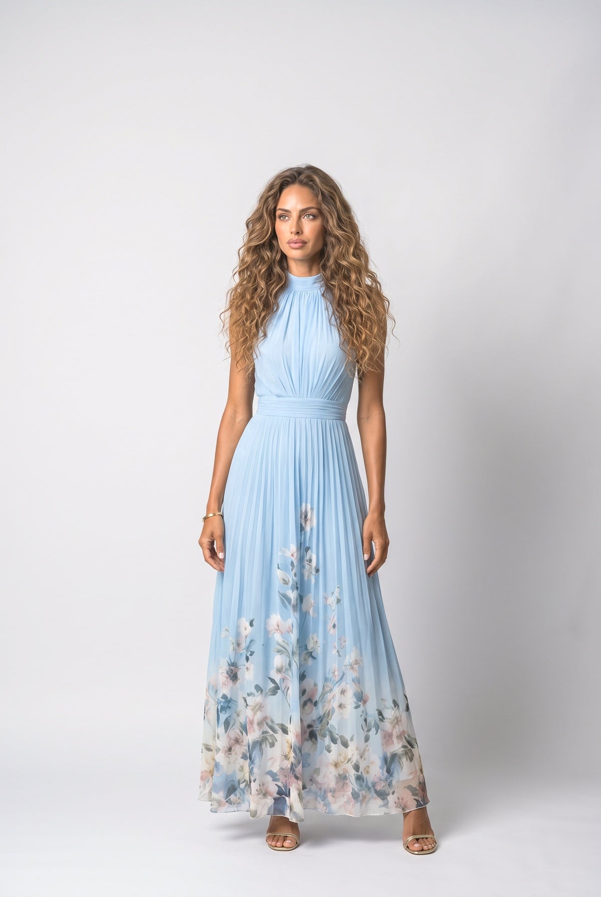 Blue Halter Neck Pleated Maxi Dress, Blue Floral