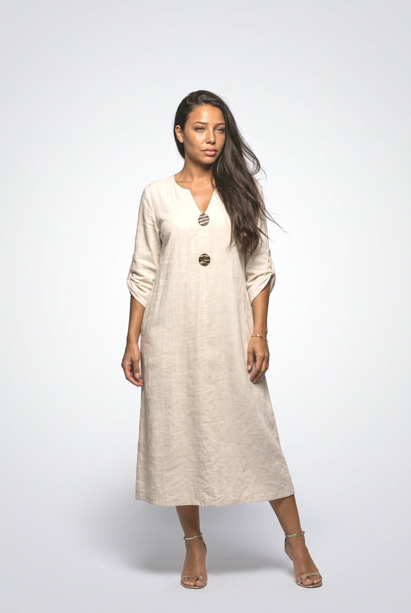 Cream V-Neck Flowy Midi Dress