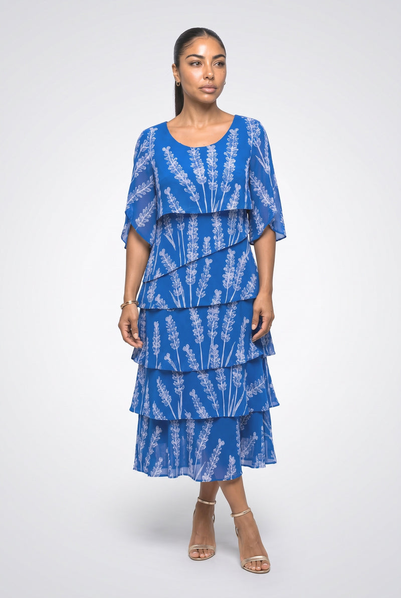 Royal Blue Floral Tiered Midi Dress