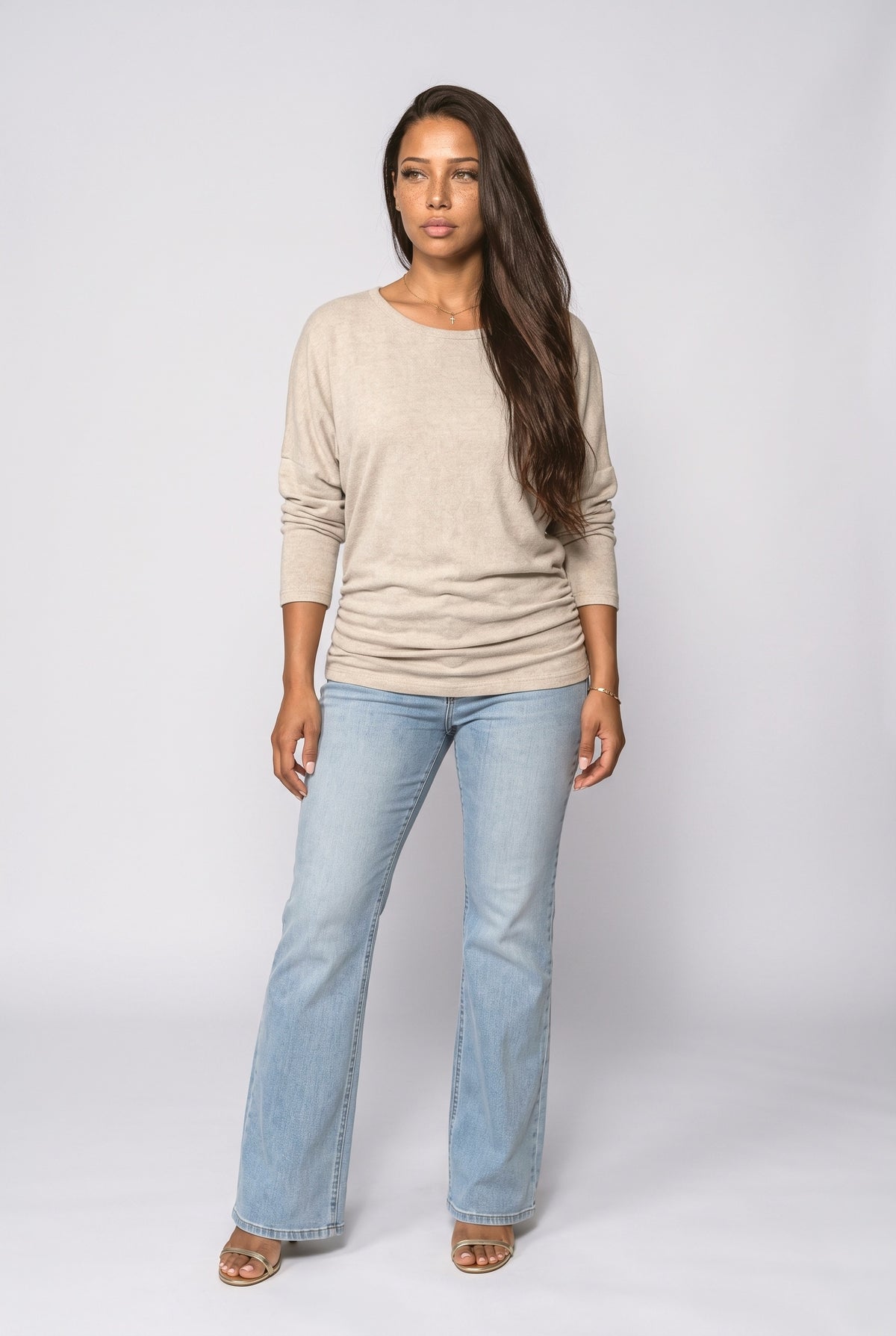 Knit Batwing Sleeve Ruched Pullover Sweater