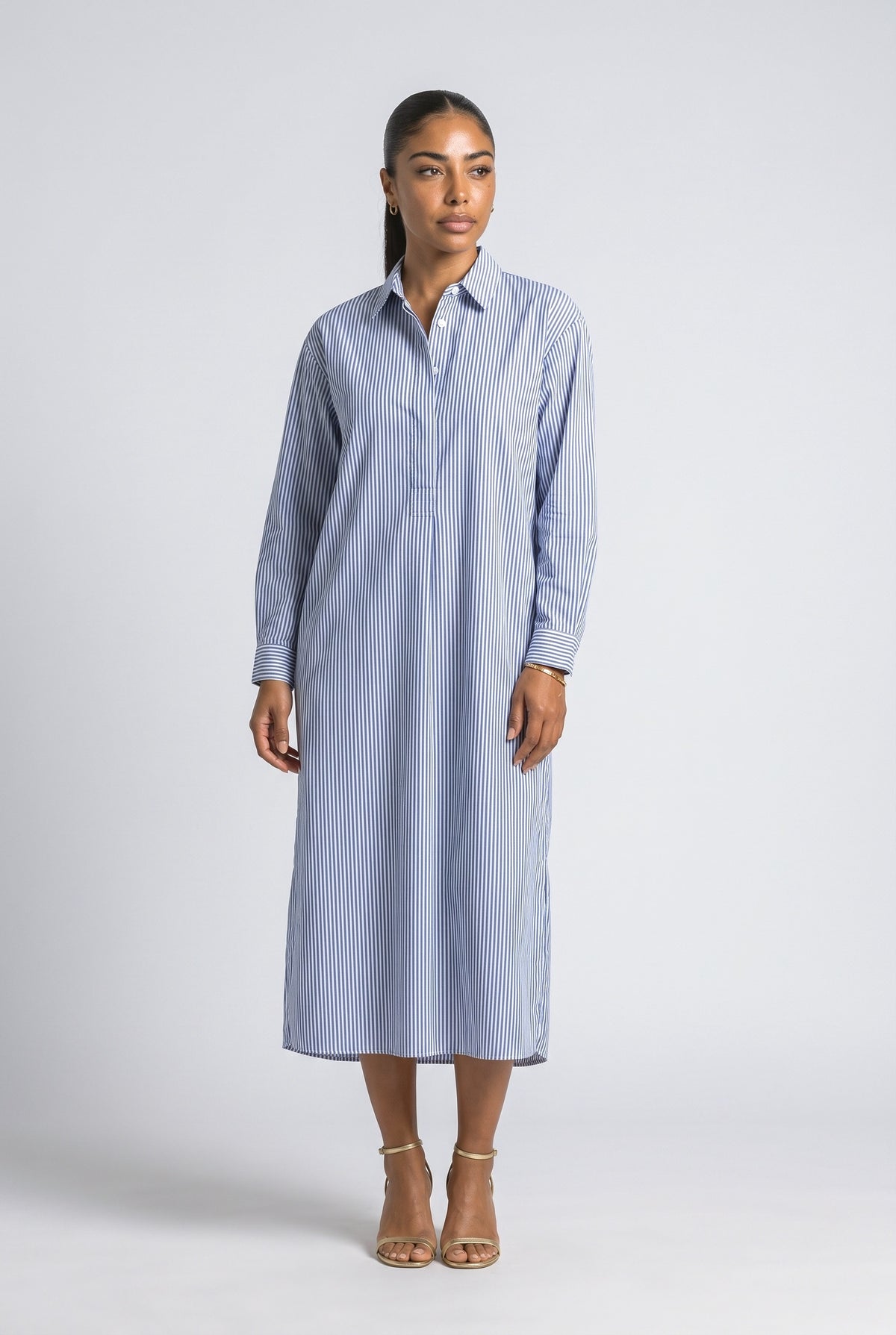 Blue Striped Long Sleeve Midi Dress, Blue Stripe