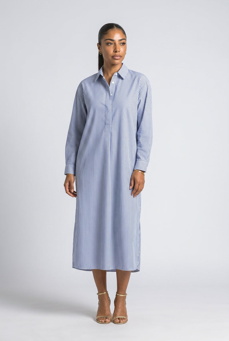 Blue Striped Long Sleeve Midi Dress