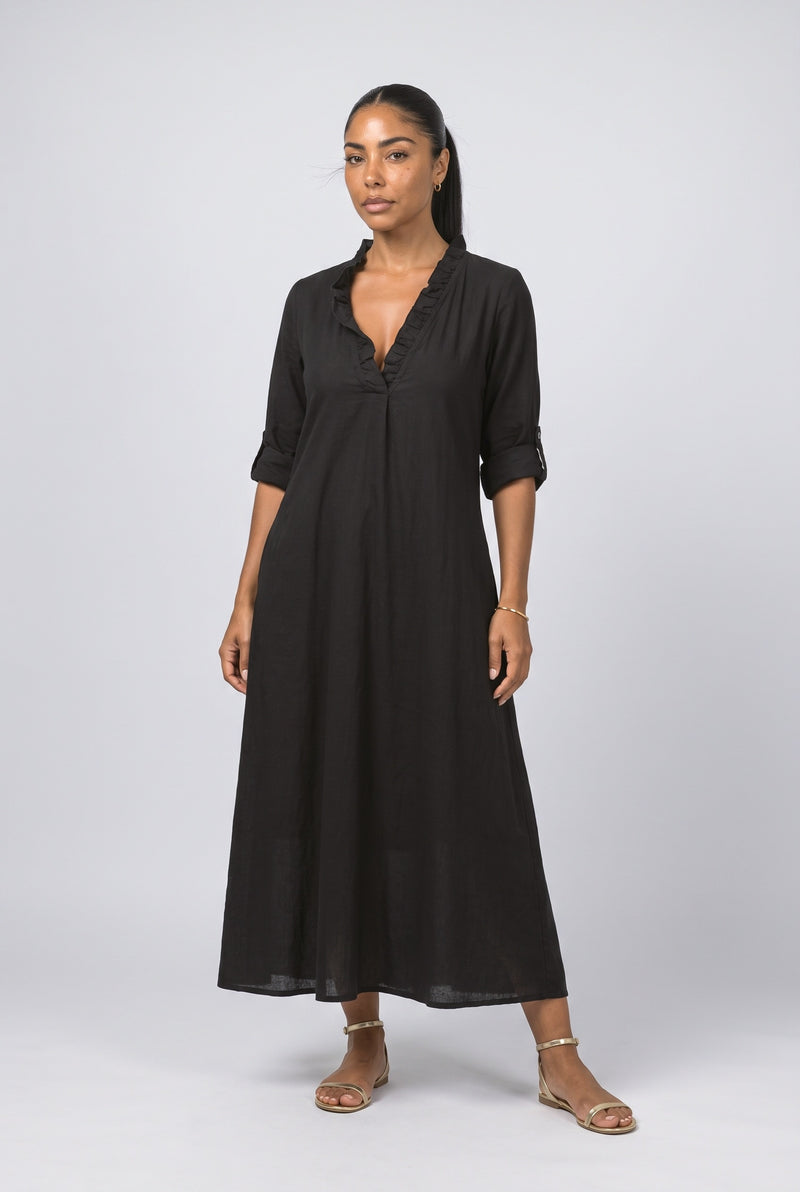 Black V-Neck Ruffle Midi Dress