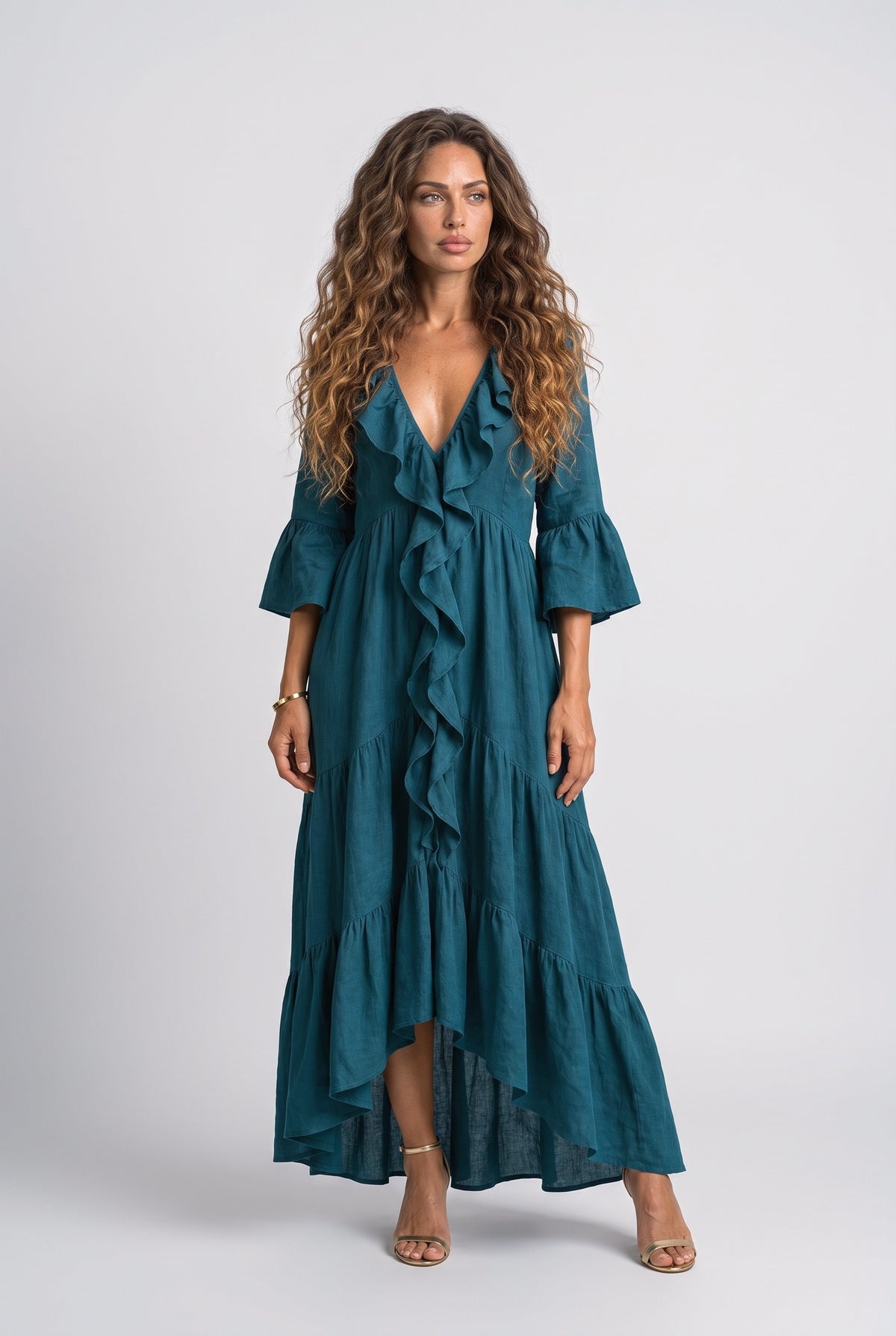 V-Neck Bell Sleeve Ruffle Maxi Dress