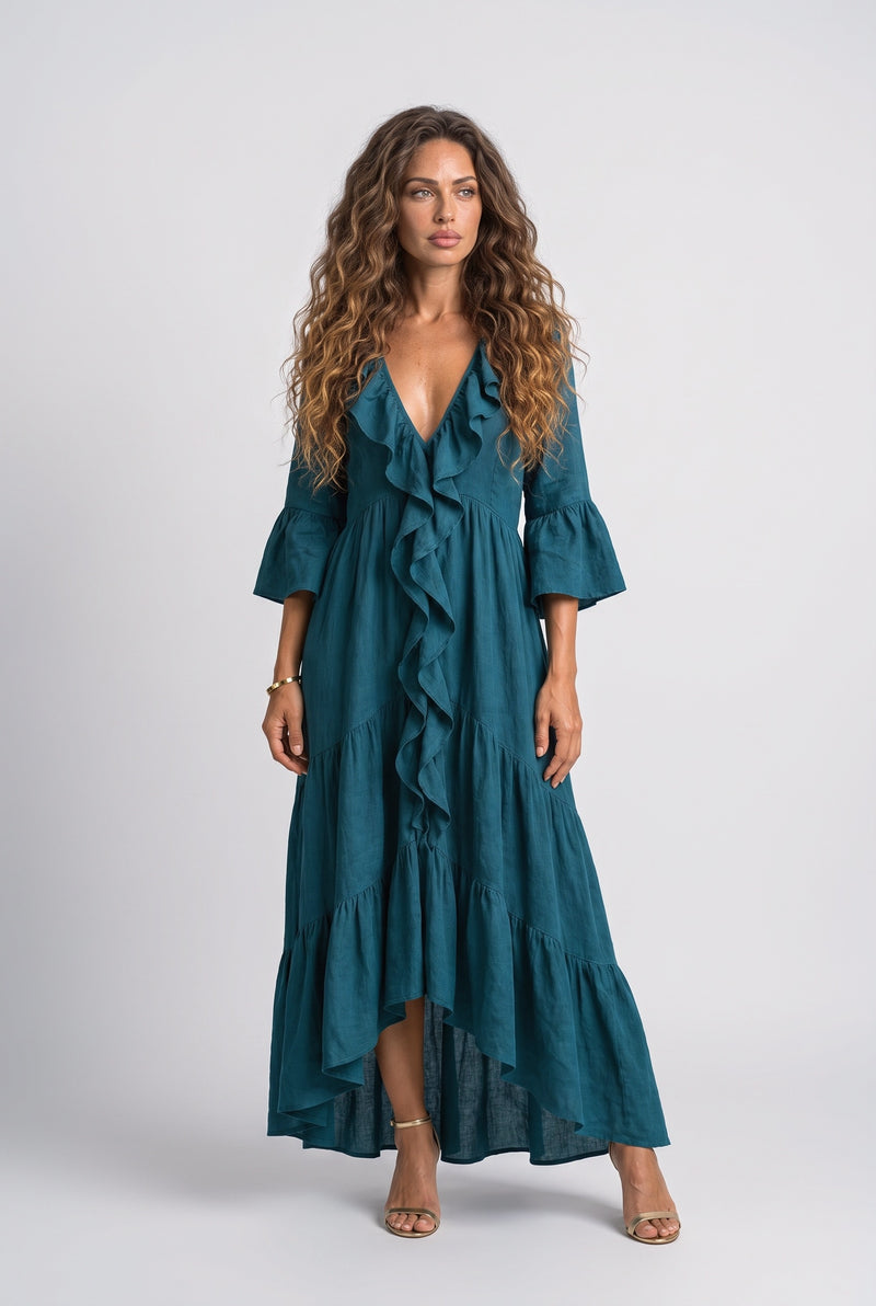 V-Neck Bell Sleeve Ruffle Maxi Dress