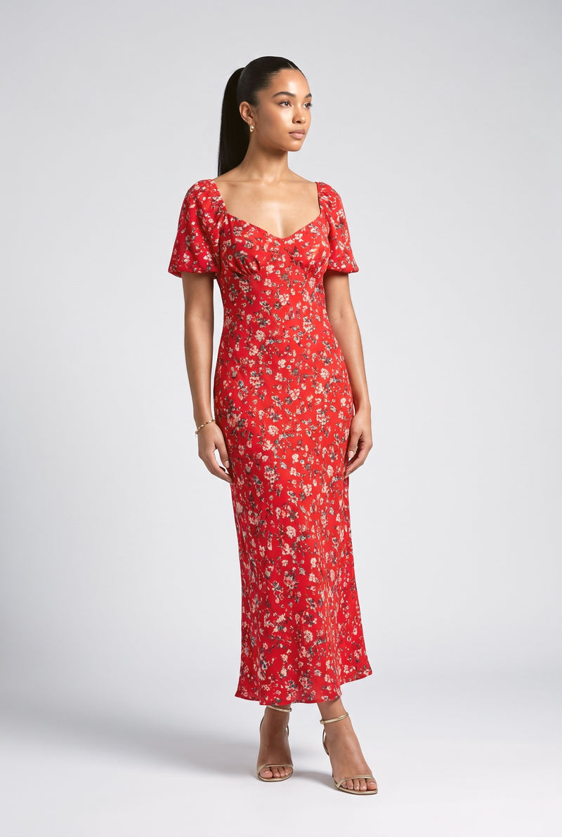 Red Floral Smocked-Waist Maxi Dress
