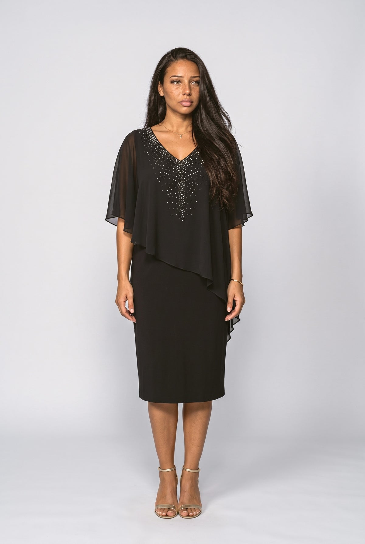 Chiffon V-Neck Cape Midi Dress