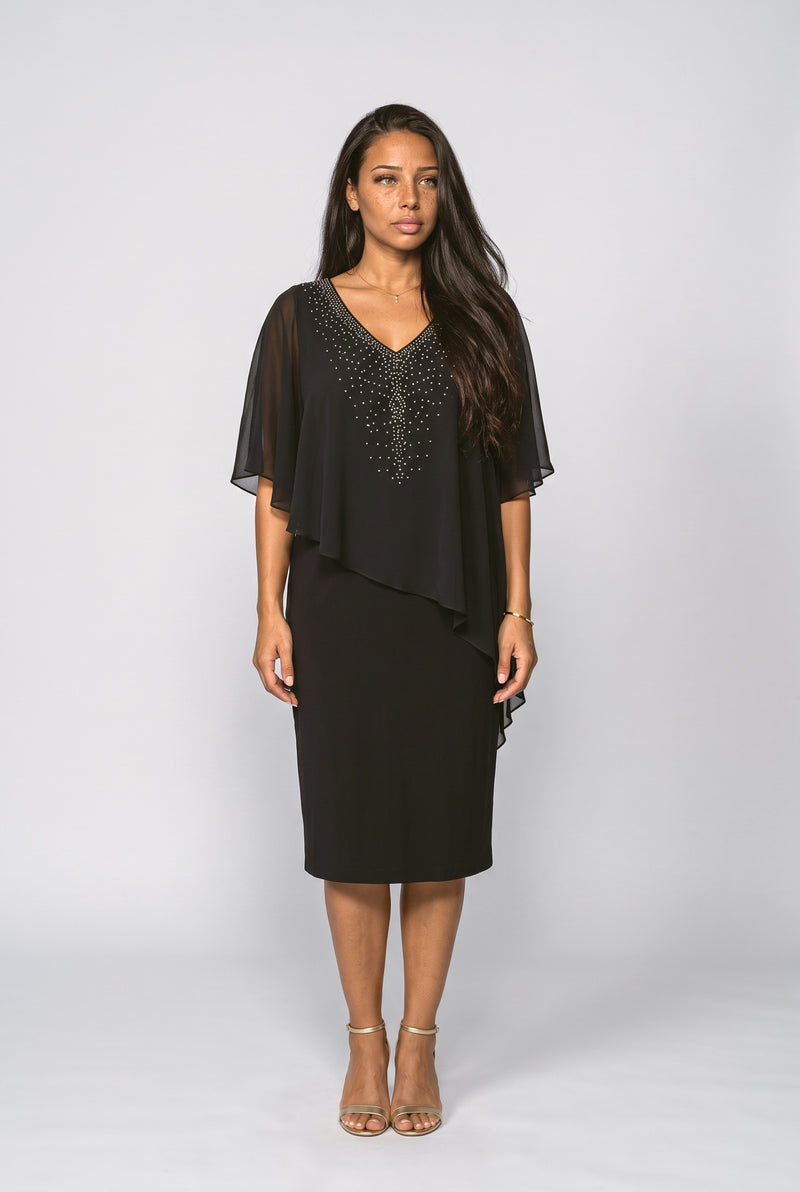 Chiffon V-Neck Cape Midi Dress