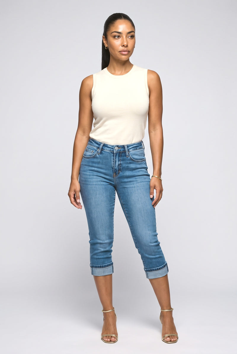 Blue High-Waisted Cuffed Capri Jeans