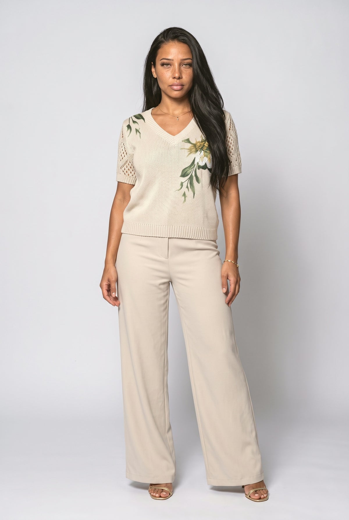Beige Floral Knit Top, Beige