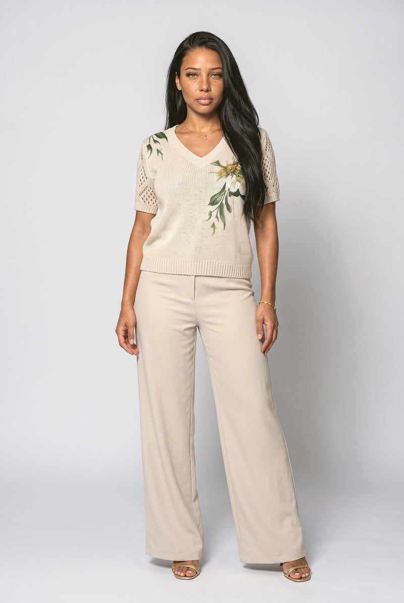 Beige Floral Knit Top