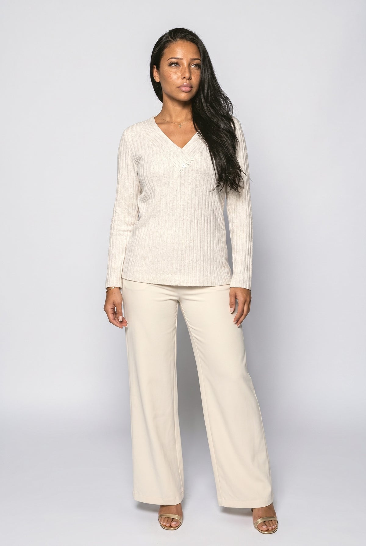 Ribbed V-Neck Pullover Sweater