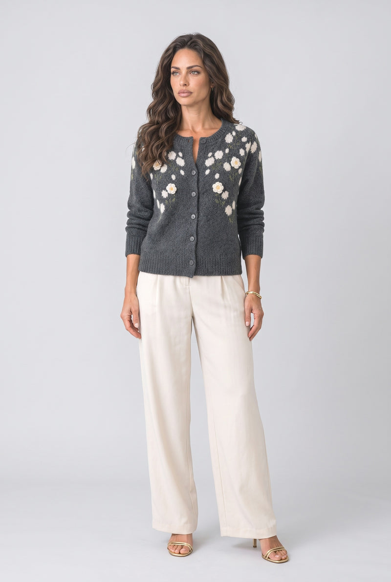 Dark Grey Floral Knit Cardigan
