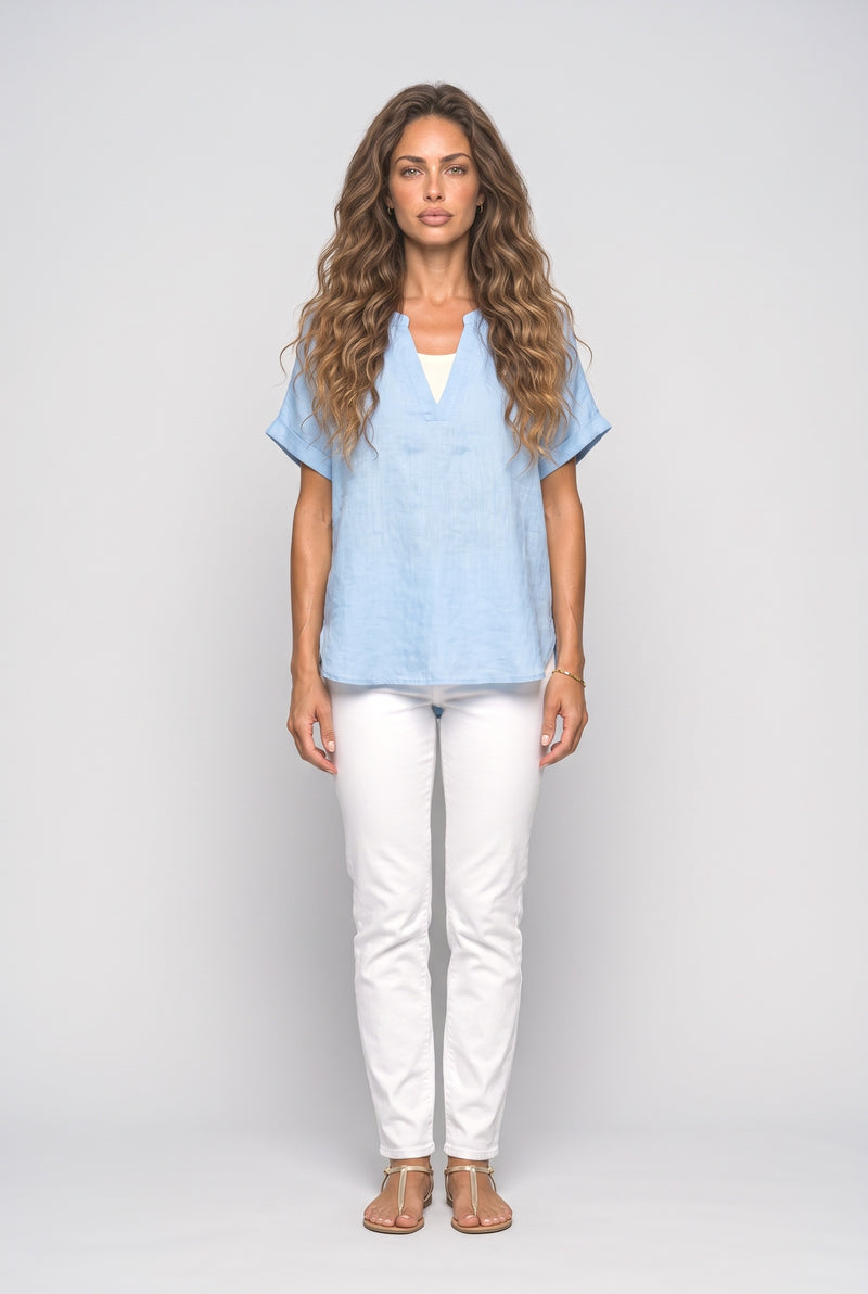 Soft Blue V-Neck Short Sleeve Blouse