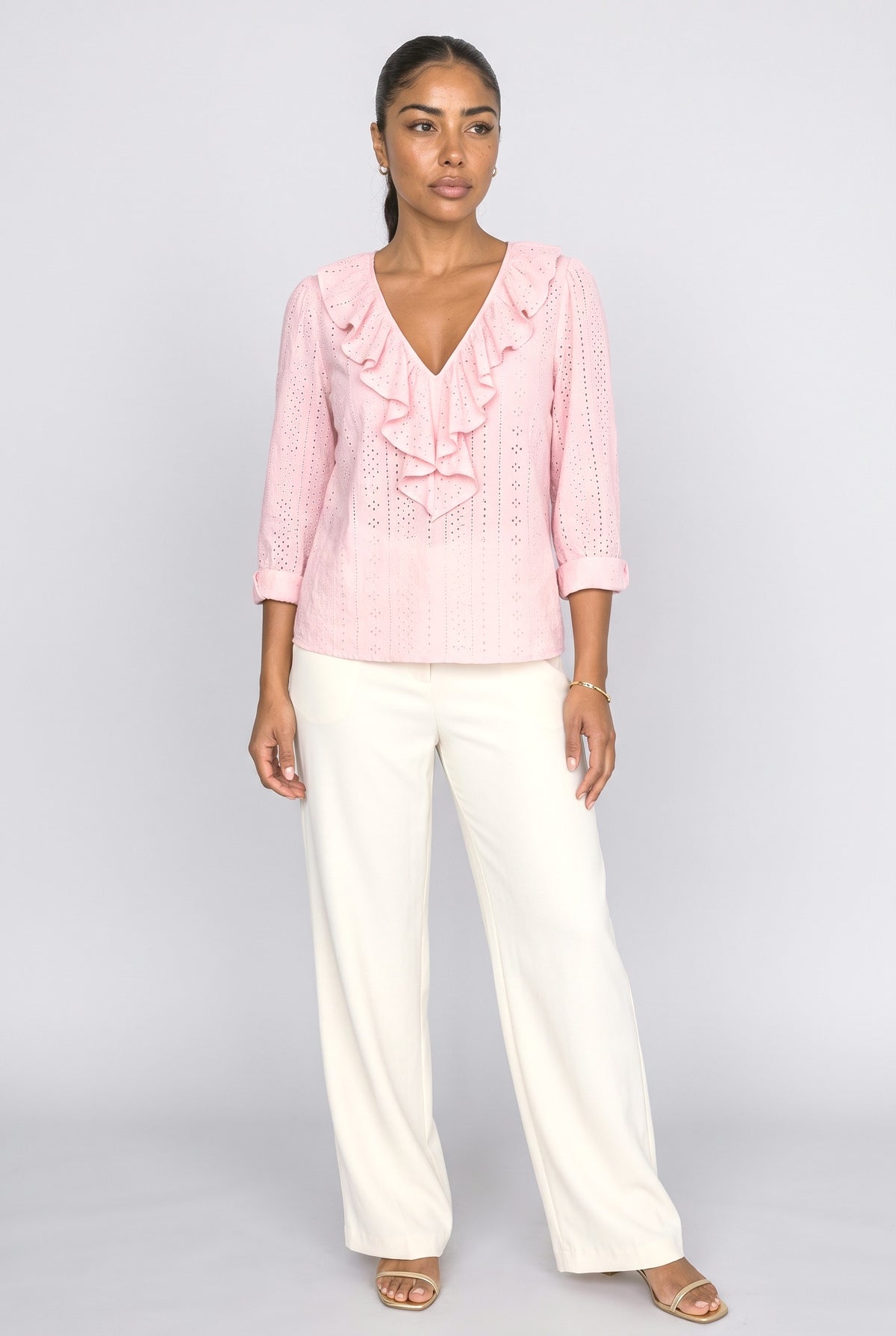 V-Neck Long Sleeve Ruffle Blouse