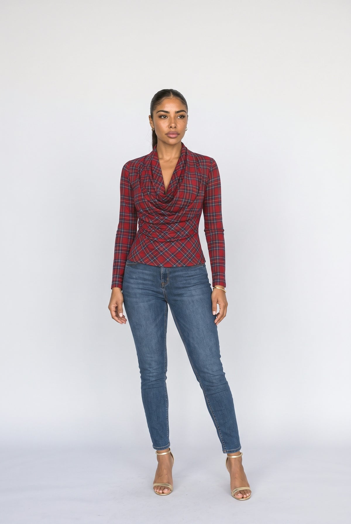 Red Cowl Neck Plaid Blouse, Red Plaid