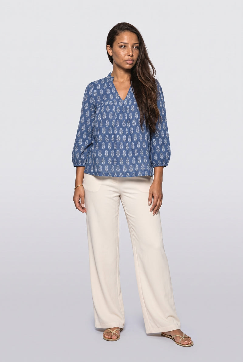Blue Pink V-Neck Blouse