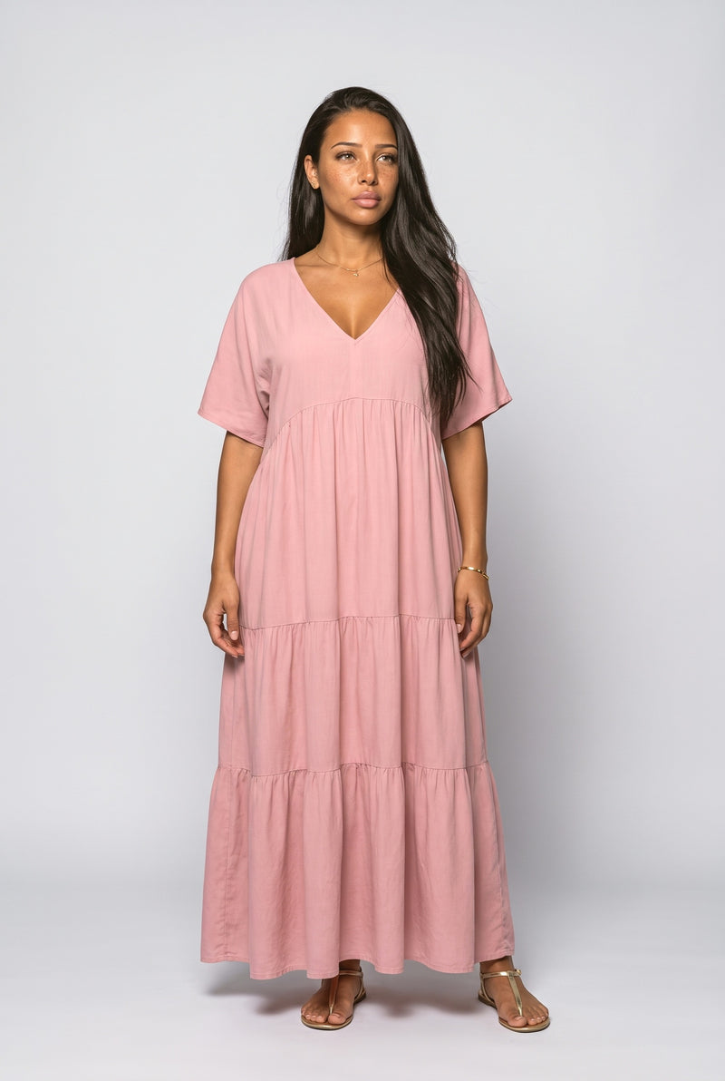 Dusty Pink V-Neck Tiered Maxi Dress