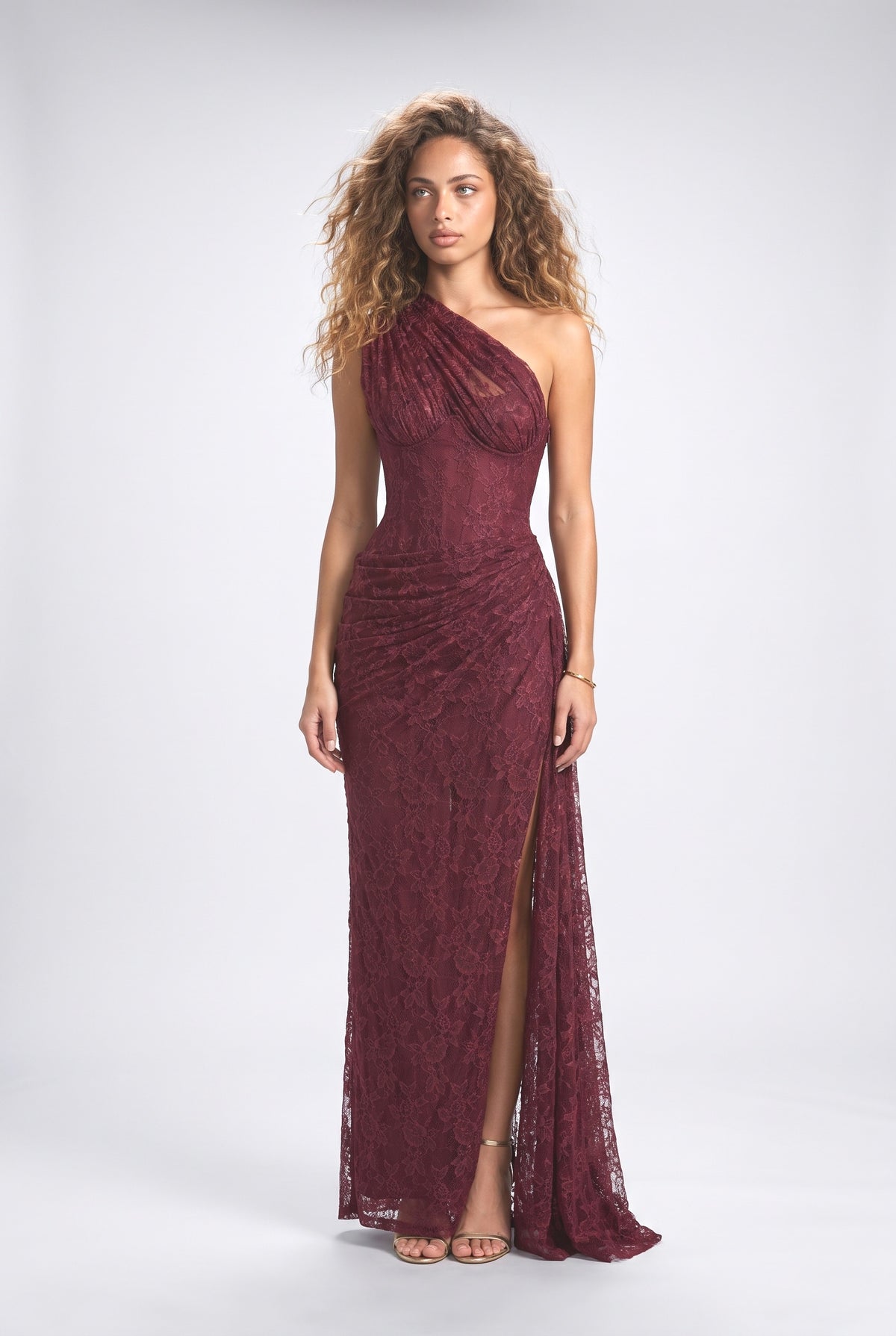Lace One-Shoulder Draped Maxi Dress