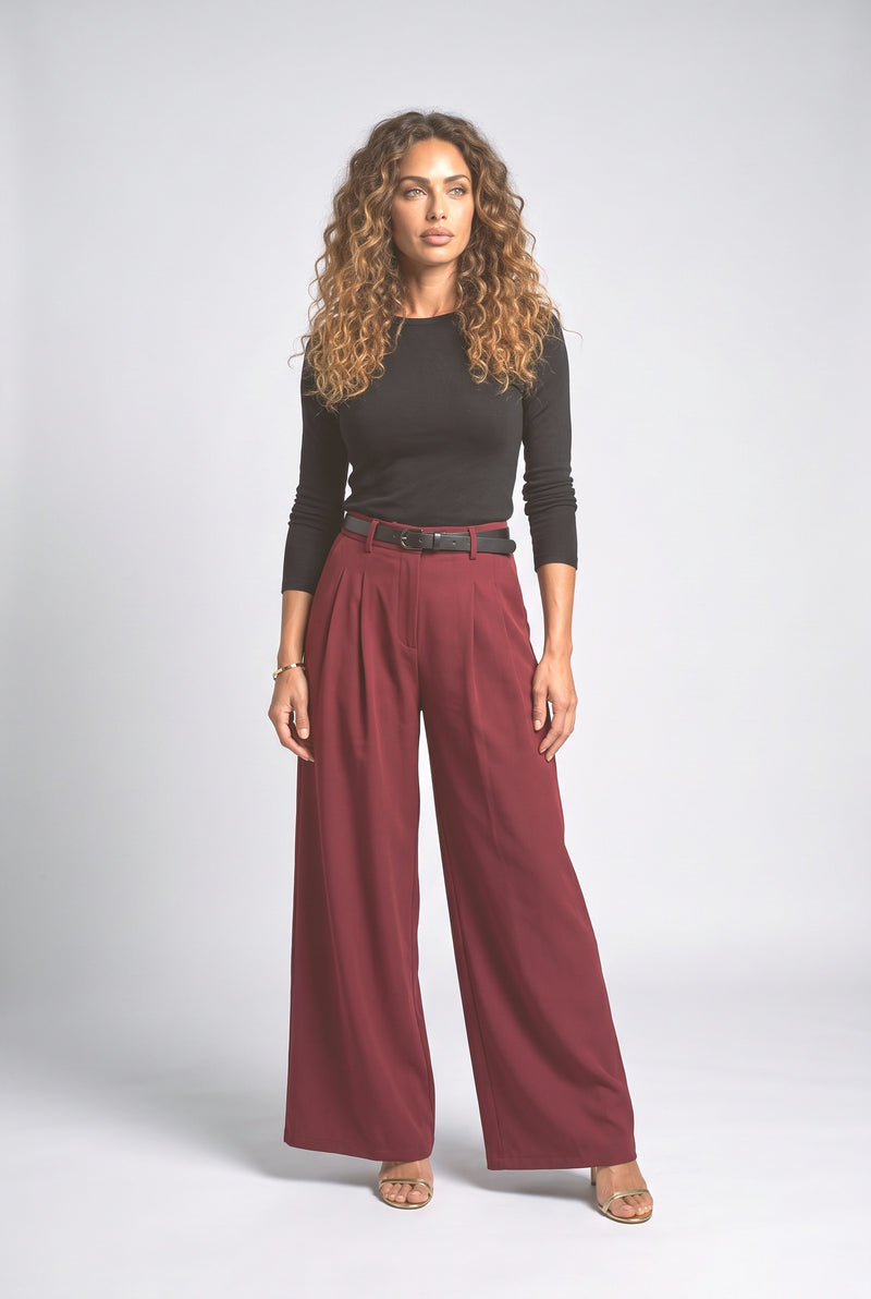 Burgundy Pleated Wide Leg Pants