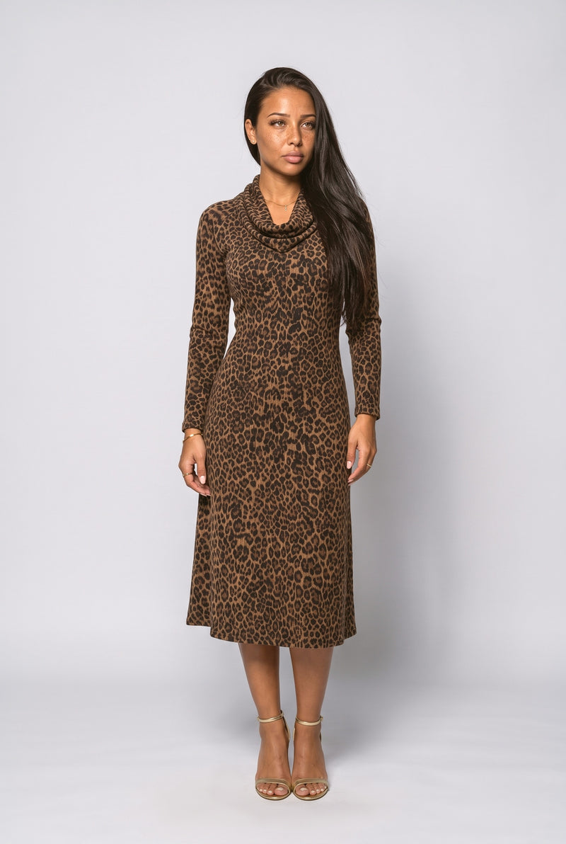 Brown Leopard Long Sleeve Midi Dress