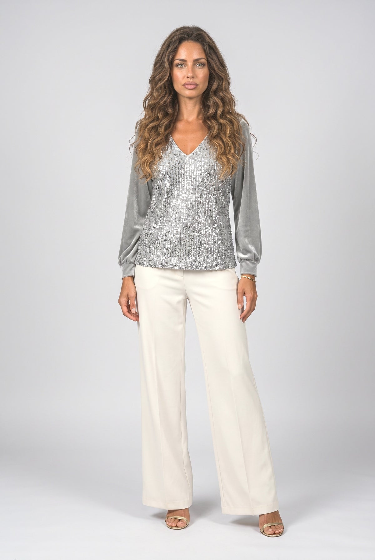 Sequin V-Neck Long Sleeve Blouse