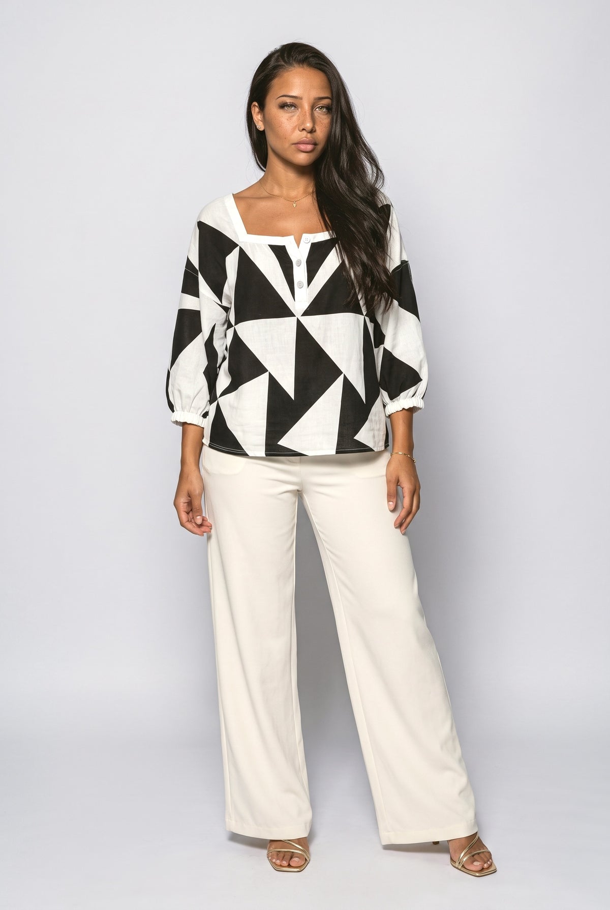 Black Square Neck Geometric Blouse, Black