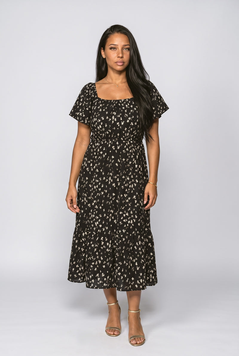 Square Neck Floral Tiered Midi Dress