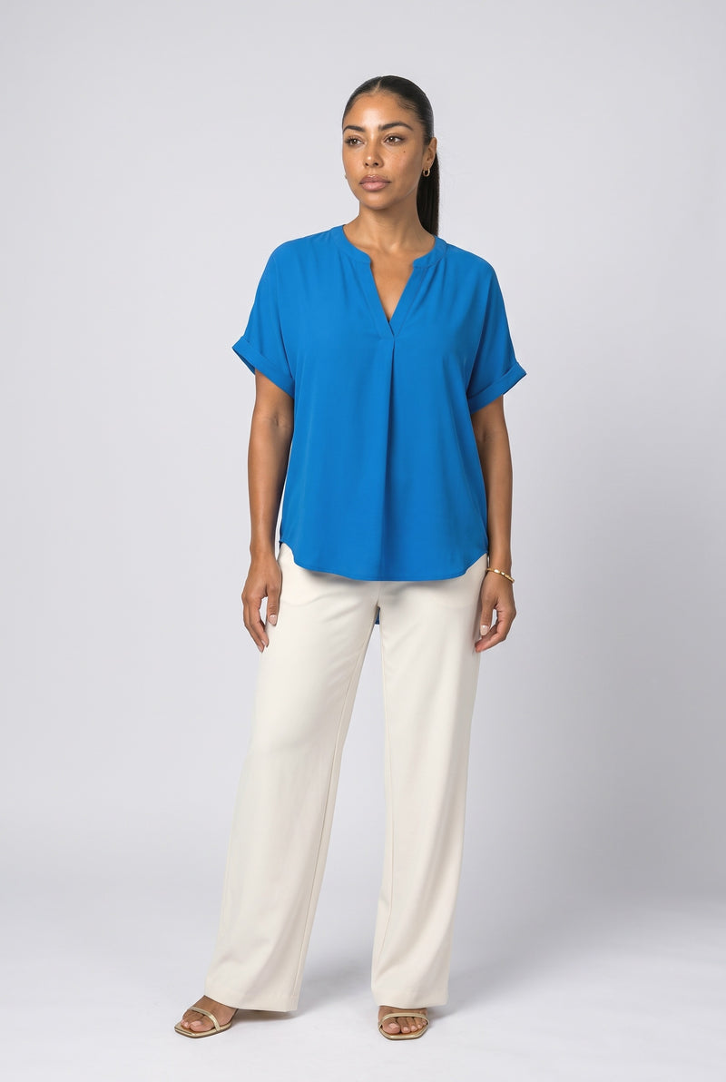 Blue V-Neck Draped Blouse