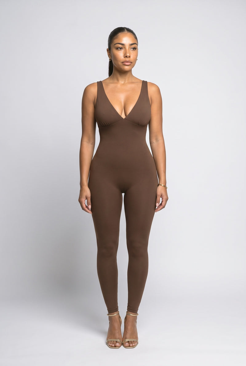Brown V-Neck Jumpsuit
