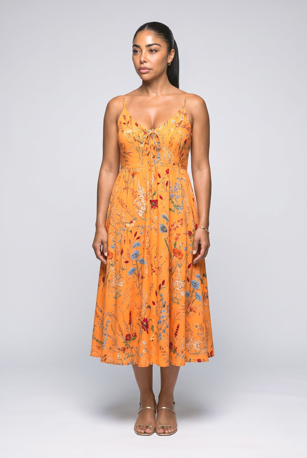 Orange A-Line Midi Dress, Apricot Wildflower