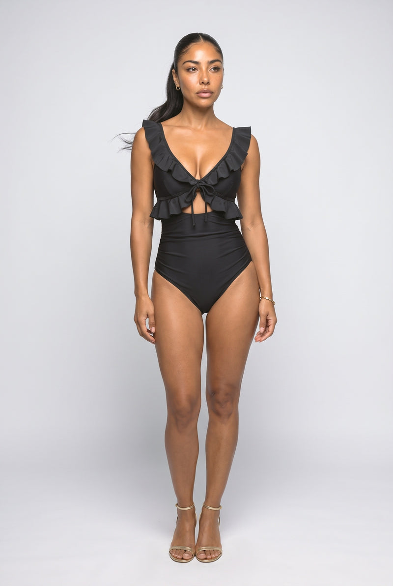 Black Red Checkered Print One Piece Swimsuit