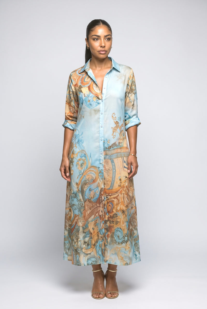 Blue Baroque Print Shirt Maxi Dress