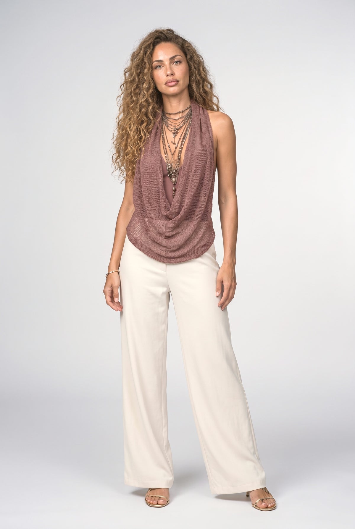 Knit Halter Neck Draped Tank Top