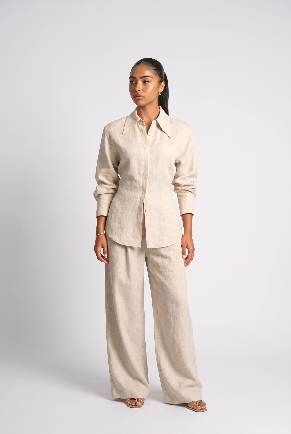 Shirt & Wide Leg Pants Two-Piece Set, apricot set
