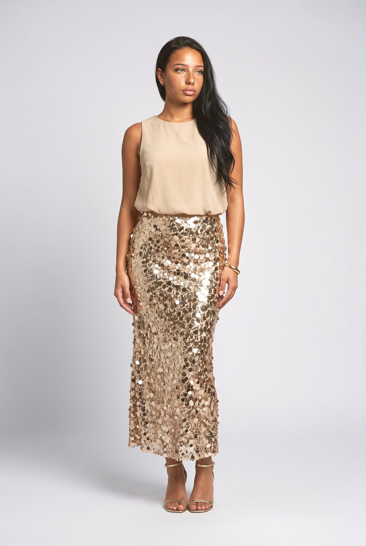 Sequin Sleeveless Outfit Set, apricot set