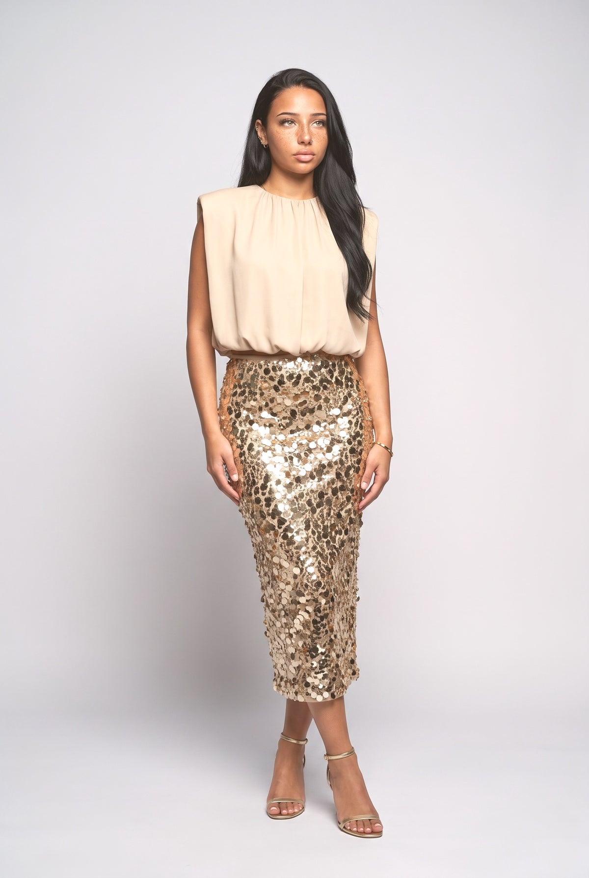 Sequin Sleeveless Outfit Set, apricot top