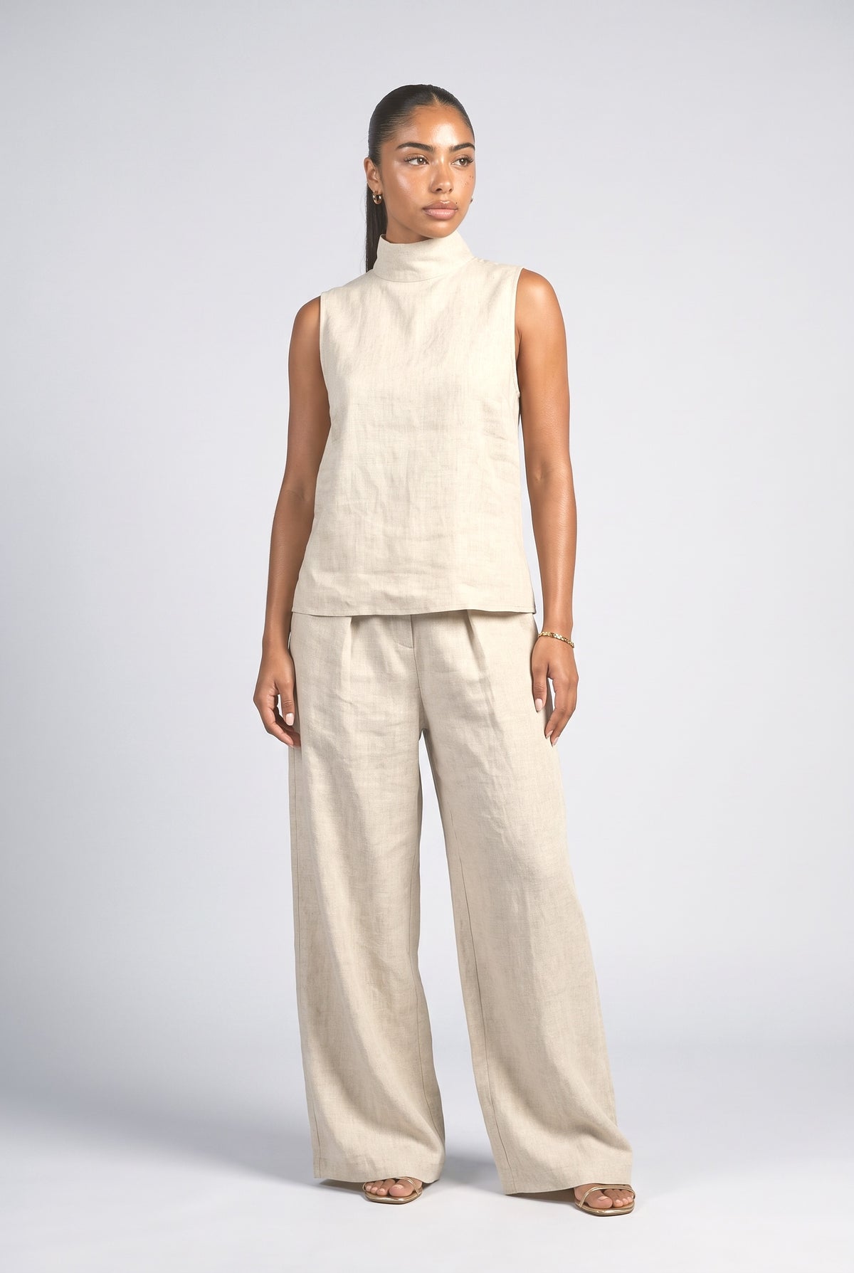 Linen High Neck Outfit Set, apricot