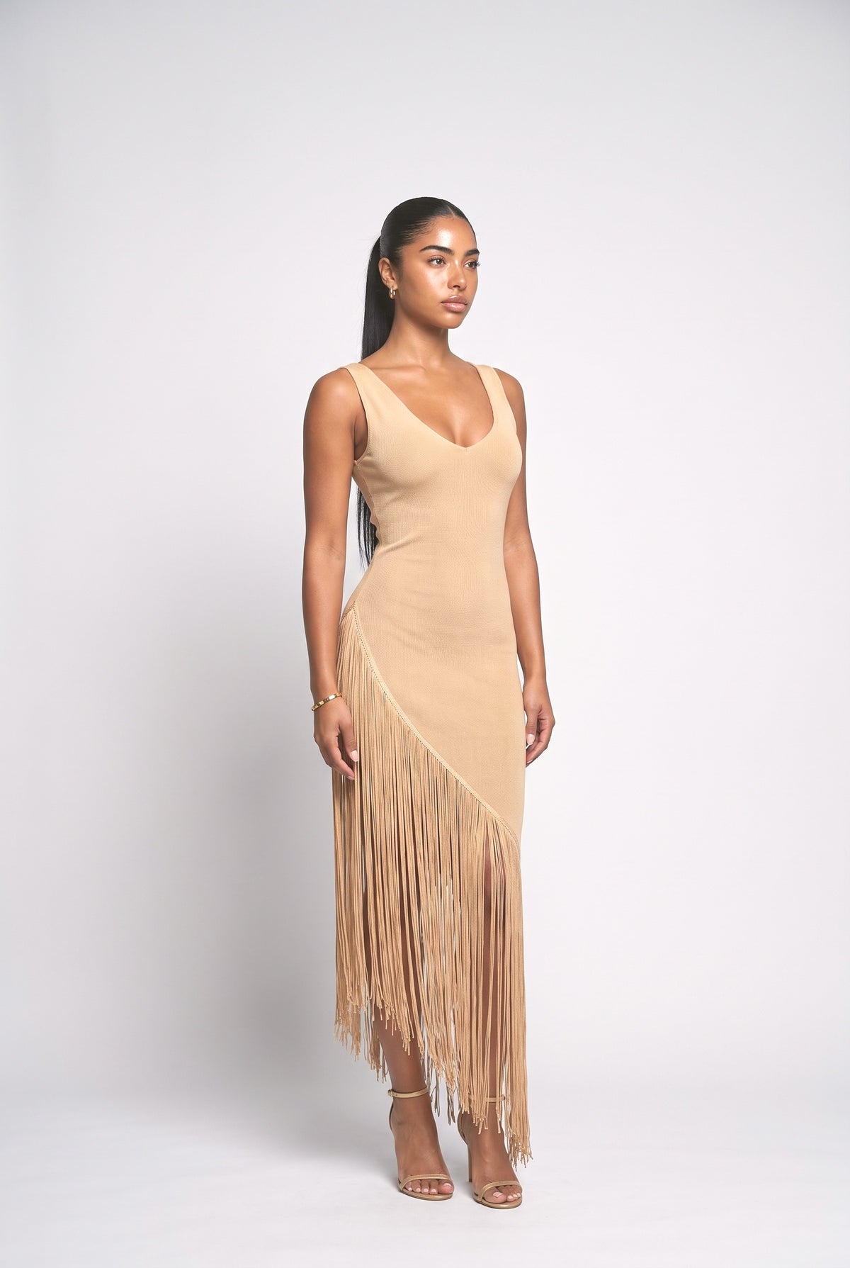 V-Neck Fringe Maxi Dress, apricot