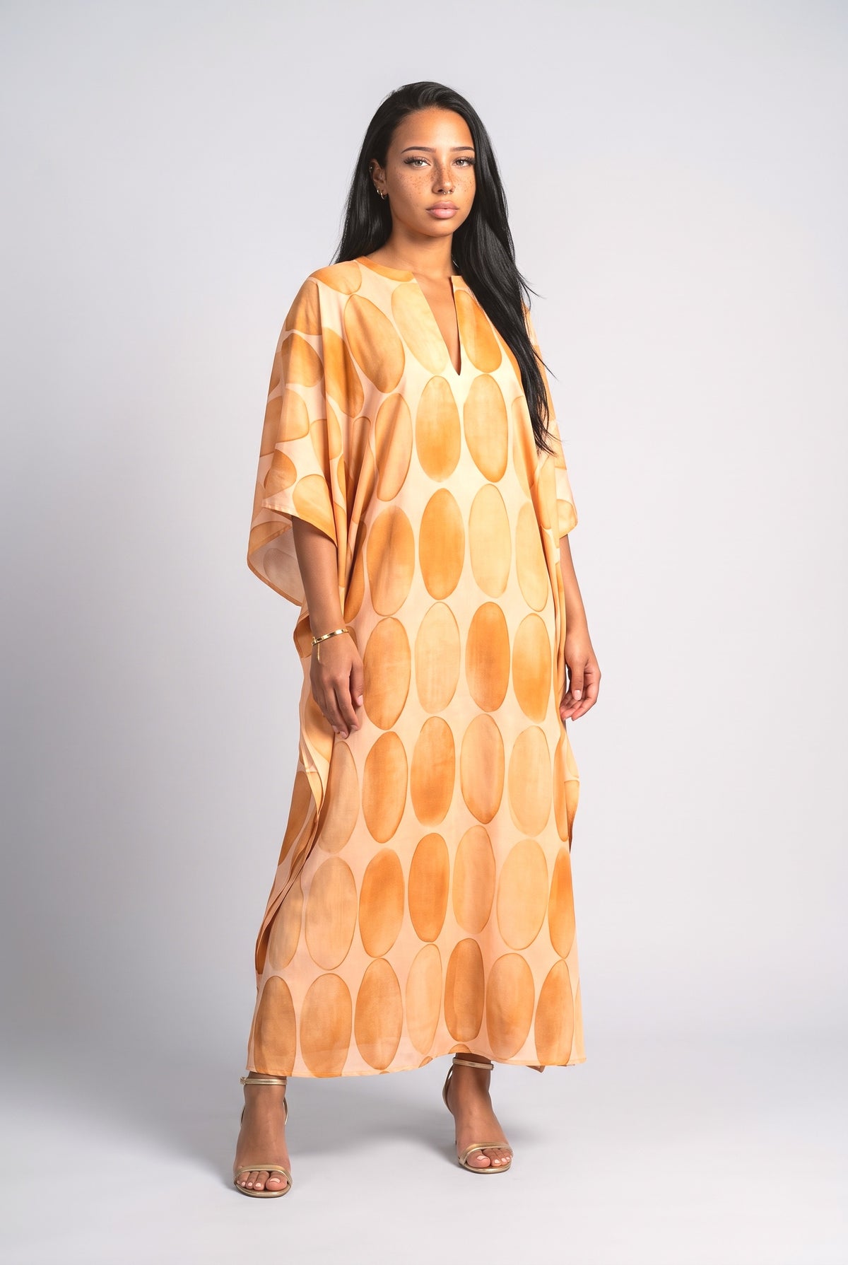 Orange Geometric Batwing Sleeve Relaxed Dress, apricot