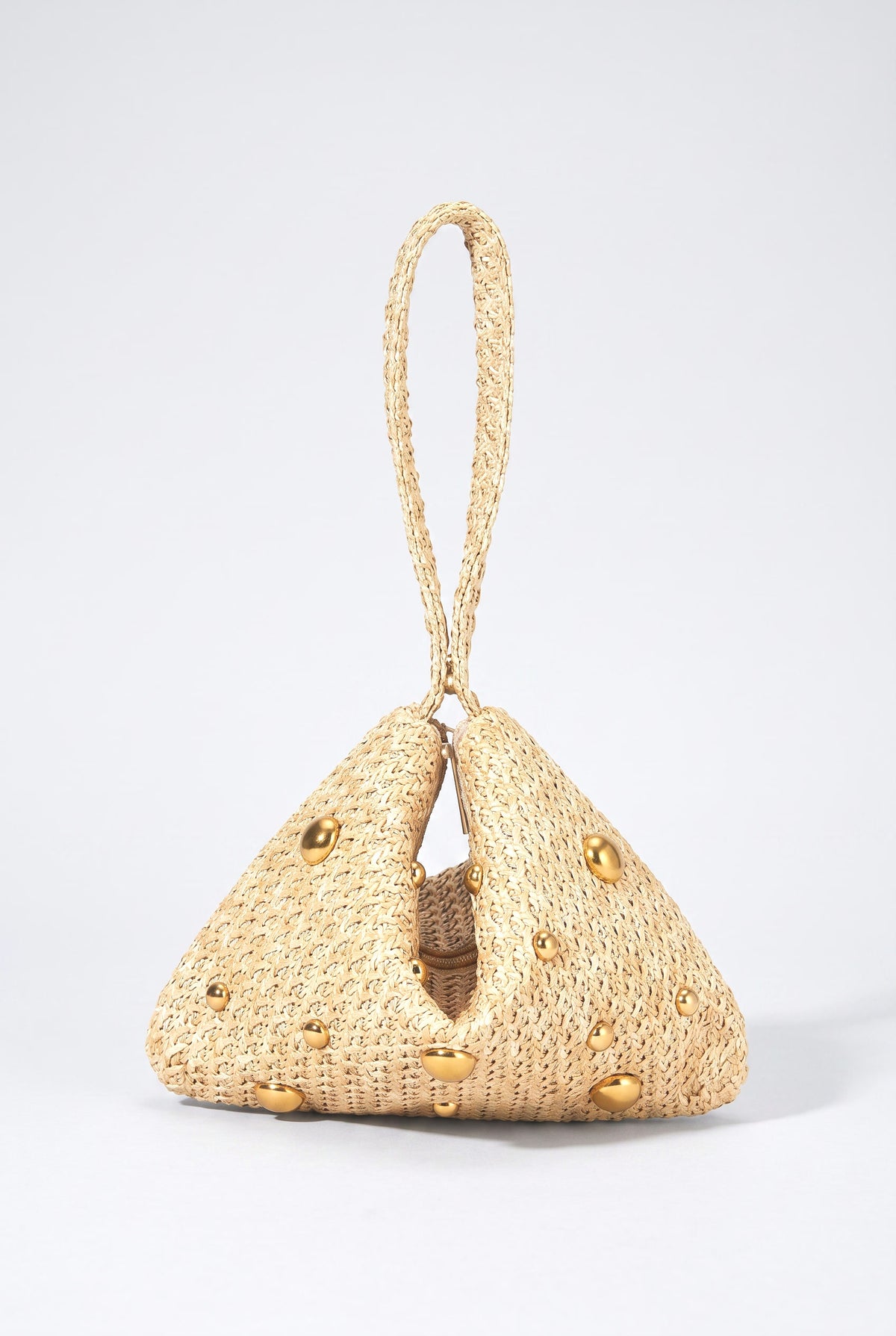 Beaded Woven Straw Wristlet Bag, apricot